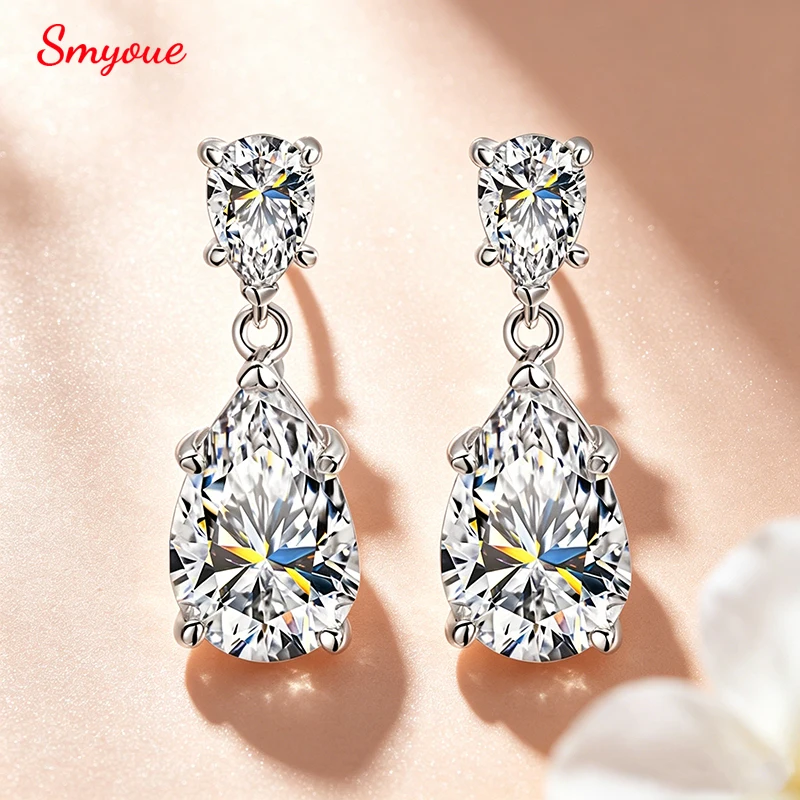 Smyoue 7cttw Pear Cut 100% D Color Full Moissanite Drop Earrings for Women Top Quality 925 Sterling Silver Plated 18k Jewelry