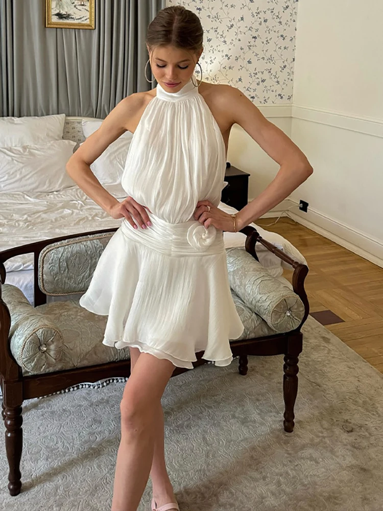 

JULISSA MO Chiffon Sexy Backless Bandage Women Dress White Sleeveless A-line Mini Dress Summer Slim Elegant Party Evening Dress