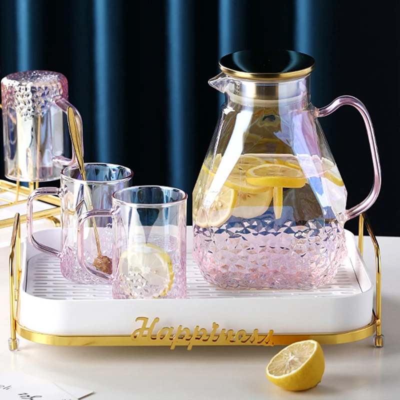 

Скандинавский градиентный розовый чайник для холодильника, термостойкий стеклянный чайник для воды, утолщенный вместительный Домашний набор Питьевой Посуды