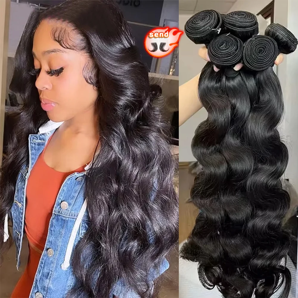 

30, 34, 36-дюймовые пучки человеческих волос с объемной волной, 16 А, девственные волосы, волнистые пучки, двойной уток, необработанные наращивание волос, плетение пучков
