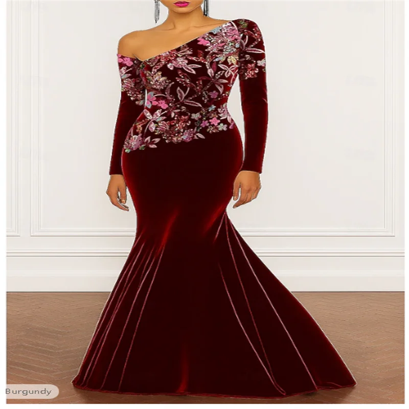 Green Mermaid / Trumpet Evening Gown Elegant Formal Dress Formal Wedding Floor Length Long Sleeve One Shoulder Velvet Customized