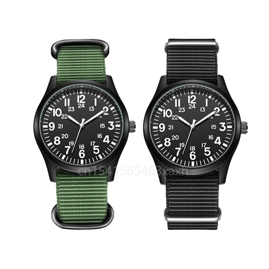 Camping Men's Fashion Nylon Woven Band Quartz Watch Air Force Field Watches Men Big Numbers Simple Sports Watch 24 Hours Display