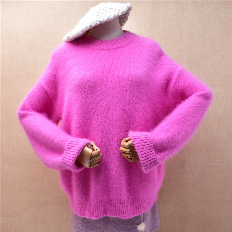 Women Mujer Autumn Winter Clothing Thick Warm Hairy Angora Rabbit Hair Knitted O-Neck Long Batwing Sleeves Loose Sweater Jumper