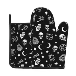 Skull Cat Moon Gothic Oven Mitts and Pot Holders Sets,Heat Resistant Non Slip Kitchen Gloves Hot Pads with Inner Cotton Layer