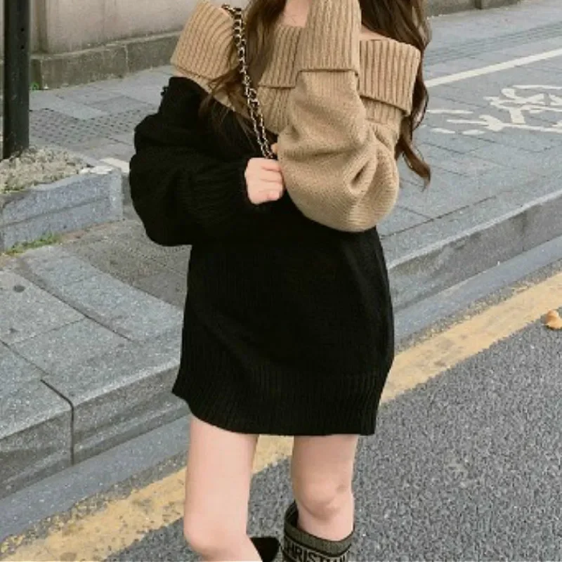 Frauen Pullover Herbst Winter lose lässige Farbe passend dicke Pullover weibliche Mode Patchwork Slash Neck Langarm pullover