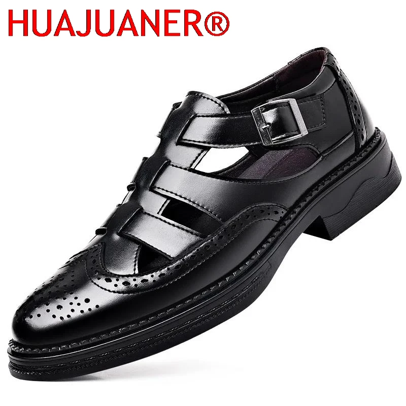 

Spring Summer Casual Fashion Men's Sandals Breathable Anti-slip Hollow out Design Block Heel Versatile Slip-On Leather Shoes