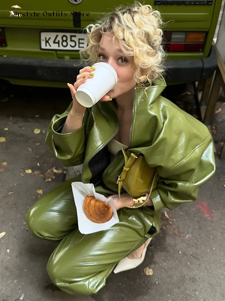 Gonne in pelle verde vintage giacche abito cappotto sottile con cerniera da donna con gonna divisa tascabile 2026 nuovo inverno autunno capispalla da donna