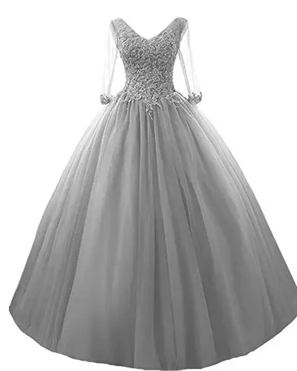 Long Sleeves V-Neck Quinceanera Dresses 15 Years Tulle Full-Length Beads Puffly Debutante Gowns Charming Appliques Vestido De De