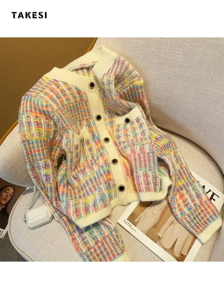 Autumn Korean Vintage Loose Rainbow Striped Knitted Cardigan Sweater Women Long Sleeve Mixed Color Single Breasted Pockets Tops