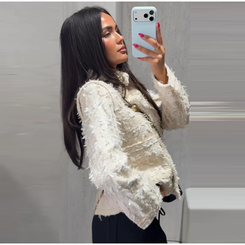 Damenmäntel mit Quasten, Rollkragen, Langarm, Einreihig, Tailliert, Frühlings- und Herbstjacken, Neuer Tweed-Mantel für Damen – Detail 12