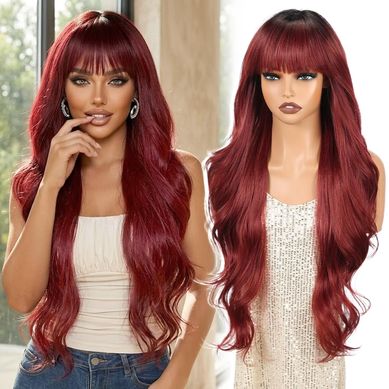 Big Wavy Wine Red Synthetic Wig - Halloween Party Cosplay Role-Playing Wig - Daily Wig - Heat-Resistant Hairpiece