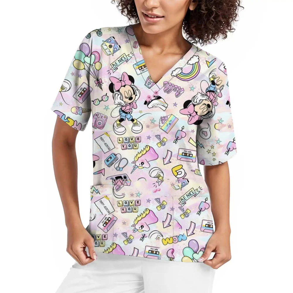 Uniforme d'Infirmière Imprimé Princesse Disney pour Femme, Robe Génératrice à Col en V, Vêtements de Travail à Manches Courtes pour Clinique Dentaire, Blanche Neige, Hôpital pour Animaux de Compagnie