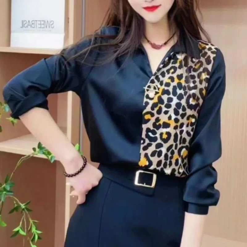 Vintage Fashion Autumn Women\'s POLO Collar Leopard Printing Patchwork Single Breasted Simplicity Loose Long Sleeve Shirt Tops