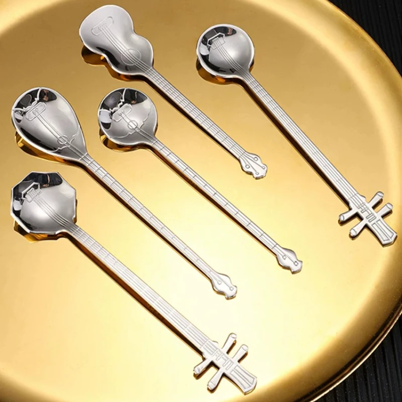 1/5PC 304 Stainless Steel Long Handle Musical Instrument Spoon, Cute Delicate Coffee Spoon for Milk Seasoning Mixing