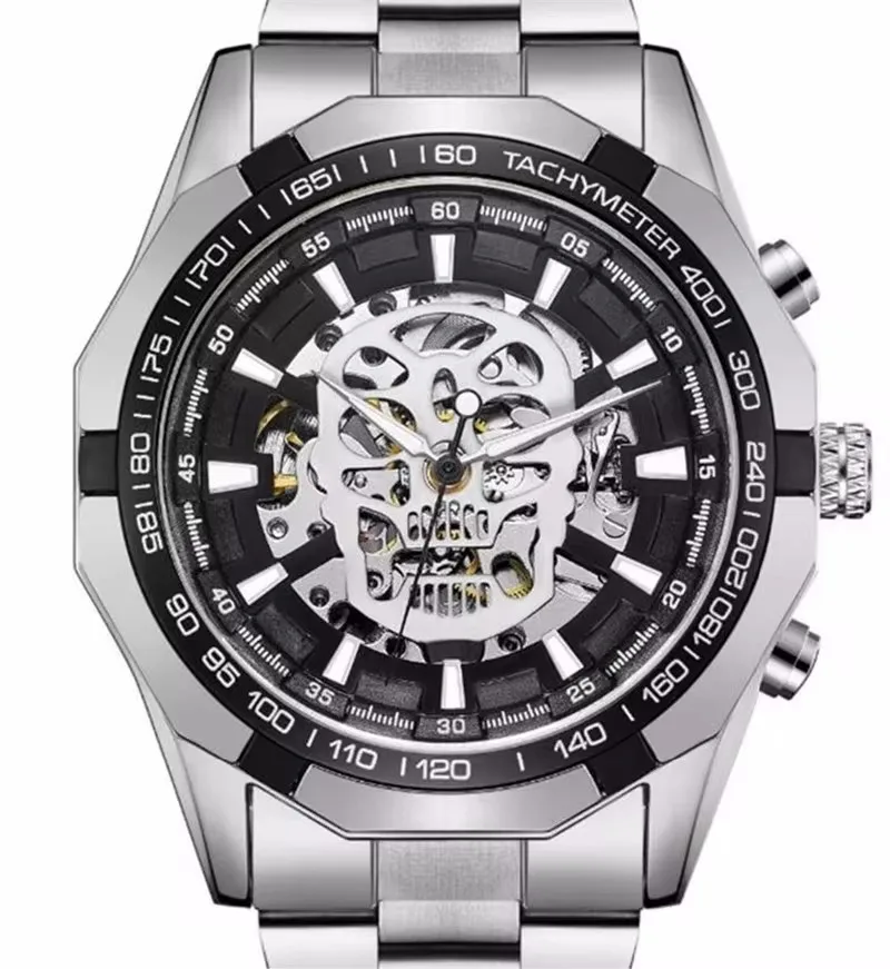 NEW WINNER Steampunk Skull Auto Mechanical Watch Men Silver Stainless Steel Strap Skeleton Dial Fashion Cool Design WristWatches