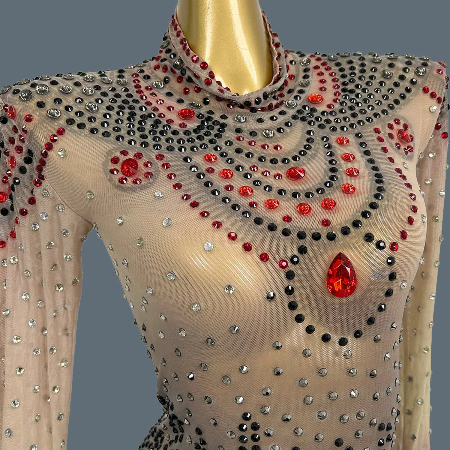 

Sparkly Rhinestone Long Sleeved Dress Women Sexy Bodycon See Through Mesh Mini Dress Festival Celebrate Party Stage Wear Huochai