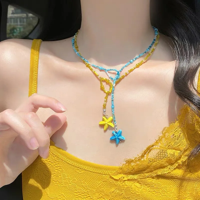 

Colorful Beaded Necklace: Cute Cartoon Starfish and Conch Clasp Necklace – Dopamine-Inspired Girls' Accessories