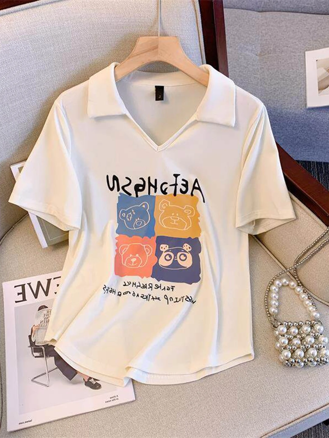 Loose Fit Summer New Korean Style  Neck Short Sleeve T-Shirt Women's Fashionable Slimming Belly Covering Top Large Size