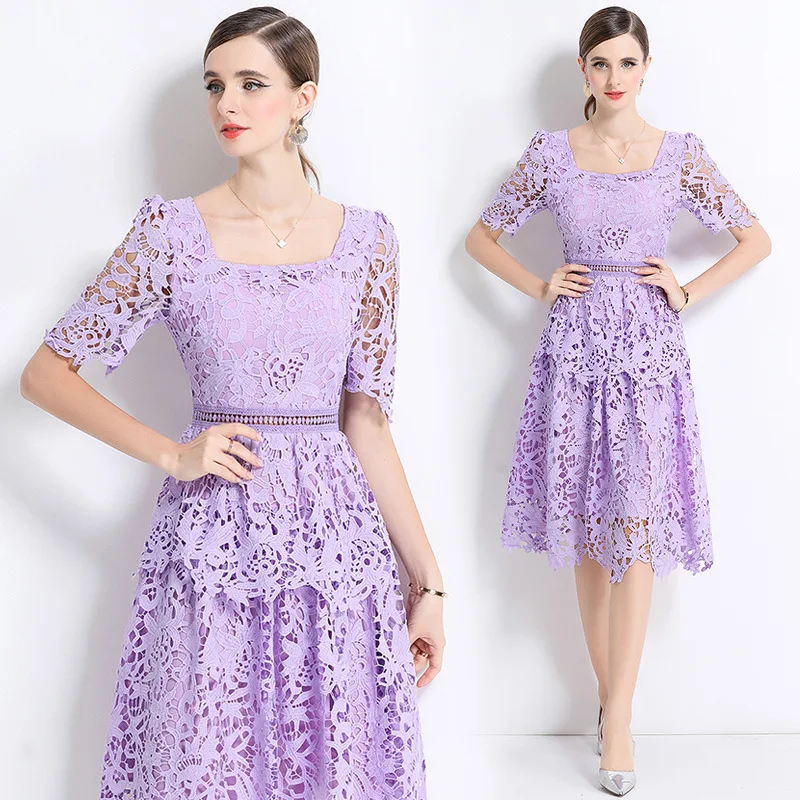 Original luxe Faion minceur évider dentelle col carré Dr hiver tricoté Polyester femmes Premium Dr