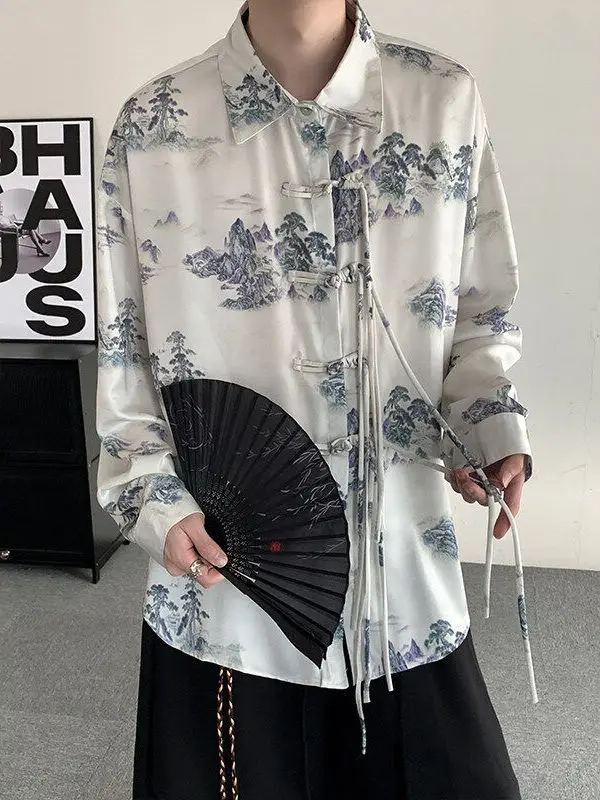 

New Chinese Sle Mountain Water Lacape Painting White Men's irt with Button Design And Tassel Sensation Premium Feeling