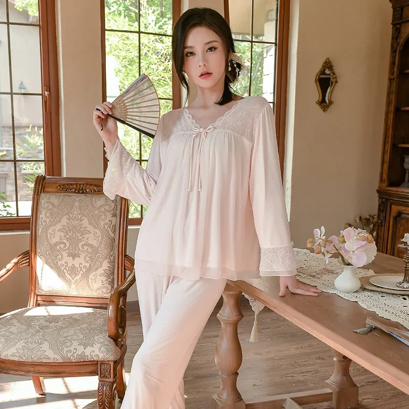 Pajamas Female Autumn Vintage Sweet Long Sleeve Nightdress Cotton Sleepwear Lace Nightgowns Homewear Set