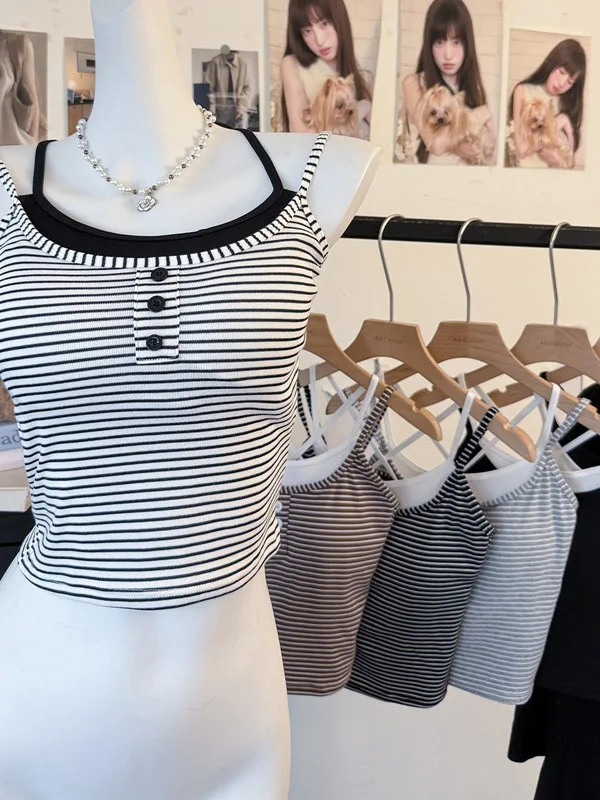 Tai an Li Women's Vest with Strap Chest Pad Breathable Slimming Backless Outerwear Fake Two-Piece Top round Neck Stripe Pattern