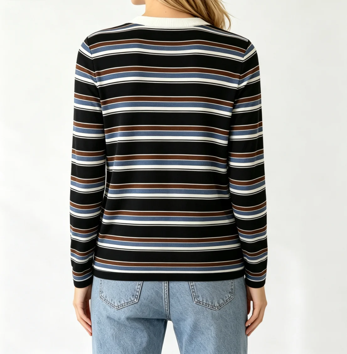 Women's Retro Striped Knit Long Sleeve Top Colorblock Round Neck Casual Pullover Sweater