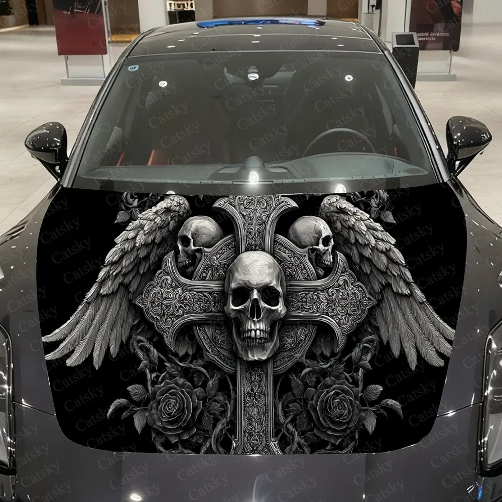 

Dark Gold Triple Skull Cross Car Vinyl Wrap, PVC Waterproof Car Hood Sticker, Self-Adhesive Scratch-Resistant Stickers