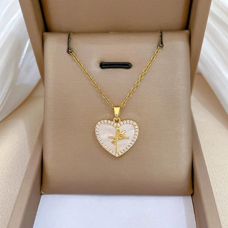 Sweet Love Heart Shell Zircon Cross Pendant Necklaces Stainless Steel Chain Heart Necklace for Women Girls Creative Jewelry Gift