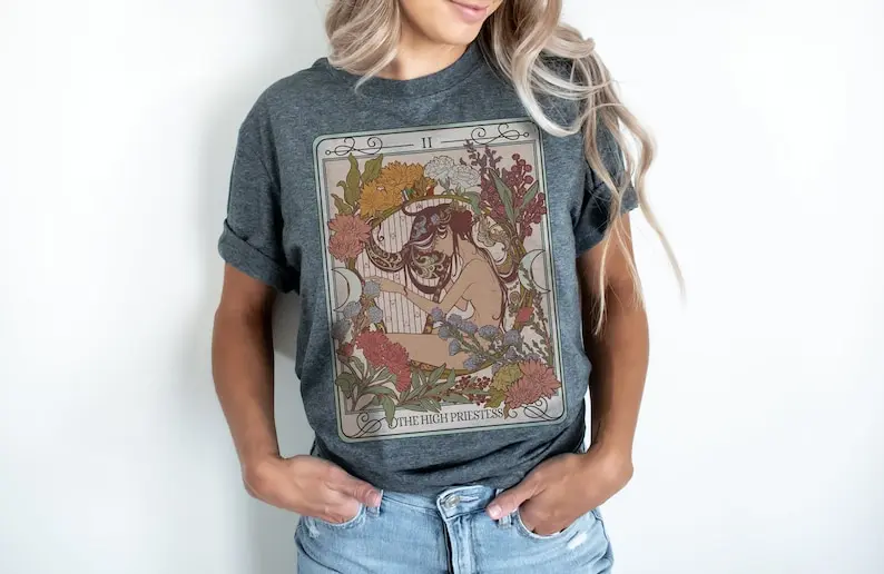 The High Priestess Tarot Card Oversized T-Shirt, Art Nouveau TShirt, Witchy Clothes, Botanical Cottagecore Aesthetic, Cute Mysti