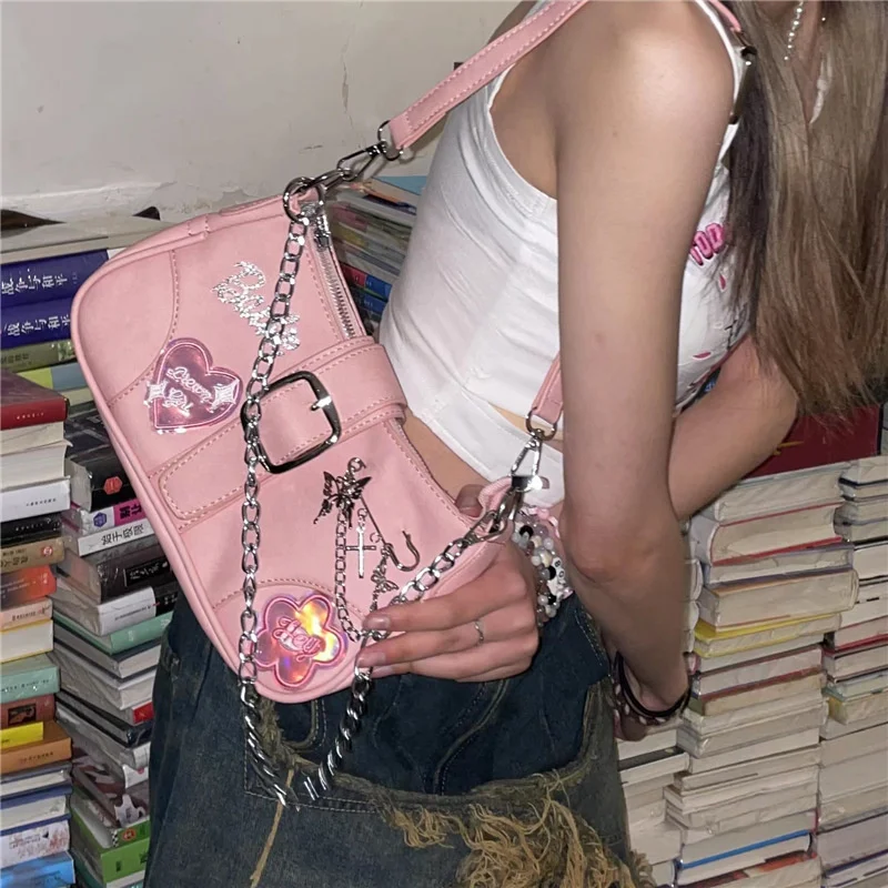 ¡Novedad de 2024! Bolso cruzado de cadena a la moda para mujer, bolso de mano con amor dulce para mujer, bolsos de mensajero para mujer, bolsos de retales para niñas, Hip-Hop liso