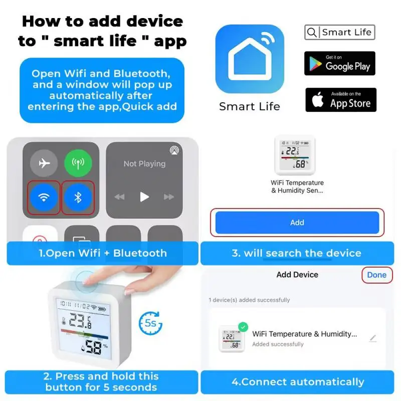 Sensor inteligente de temperatura y humedad, higrómetro Wifi a través de Alexa, Google Home, Control de retroiluminación, termómetro, pantalla LCD