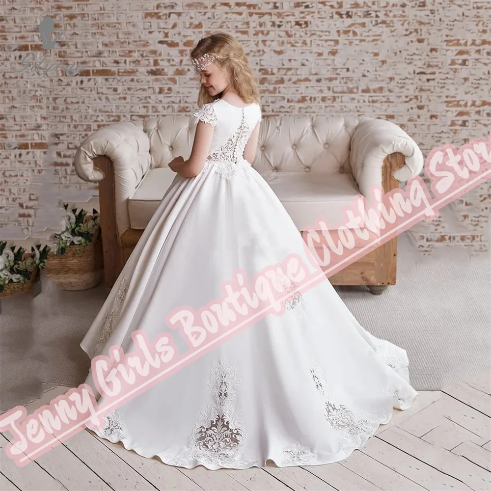 フォーマルプリンセスレッドサテン生地初聖体拝領ドレスレースアップリケフラワーガールドレス半袖結婚式誕生日