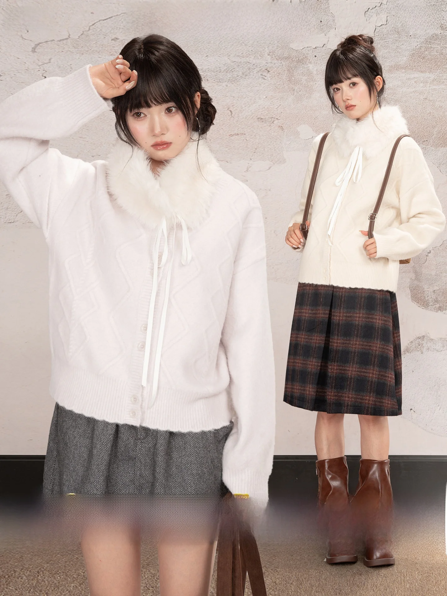 

Loveheynew Sweet Beige Plaid Open Cardigan Sweater Women's Winter Loose Versatile Knitted Top with Fur Collar Commute Sle