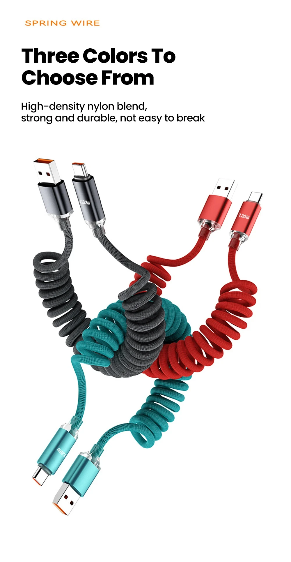 NNBILI 120W Fast Charging Type-C Cables A-C and C-C Retractable Coiled Charger Wire Sturdy Nylon Braided Cord for IPhone Samsun