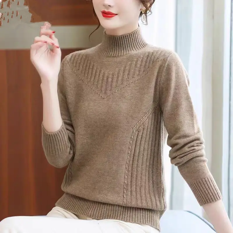 

Half High Neck Elegant Pullover Sweater for Women Autumn Winter Middle Aged Mom Wearing Solid Knitted Top Fashion Women Clothing