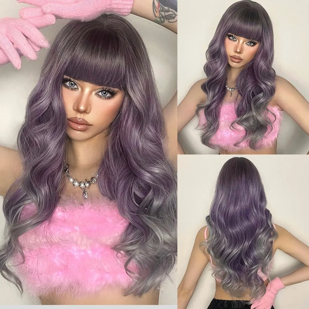 

Синтетические парики Ombre Фиолетовый Серый Длинный свободный волнистый парик с челкой Косплей Волосы Лолиты для женщин Хэллоуин Вечеринка Использование Термостойкие