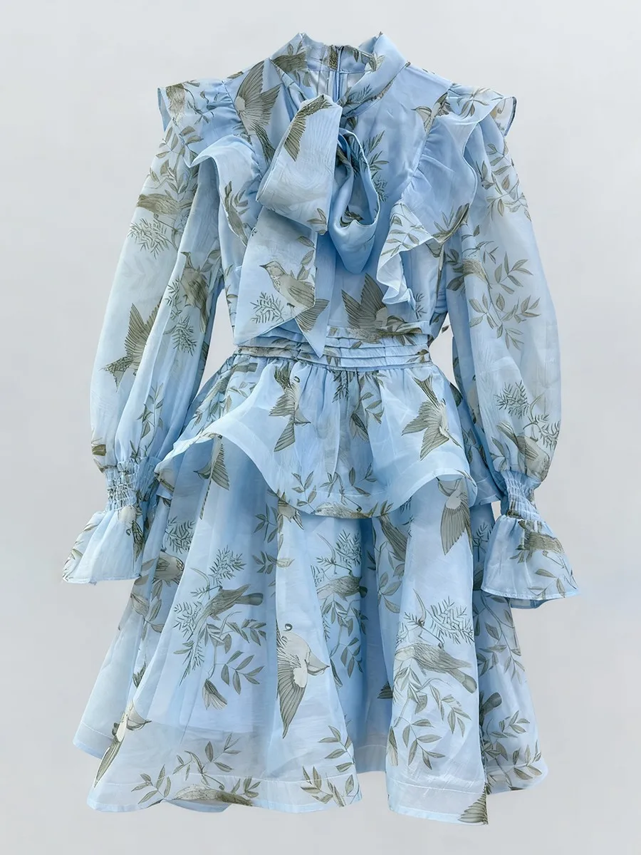 투트윈스타일 우아한 프린팅 시스루 러플 드레스 여성용 V넥 긴팔 하이웨이스트 기품있는 드레스