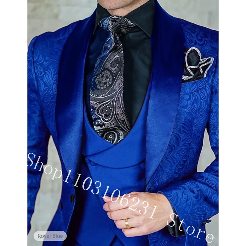 Jacquard Floral Tuxedo Suits For Men Wedding Slim Fit Blazer Burgundy Gentleman Groom Tuexdos Jacket 3 Pieces Male Costume Homme