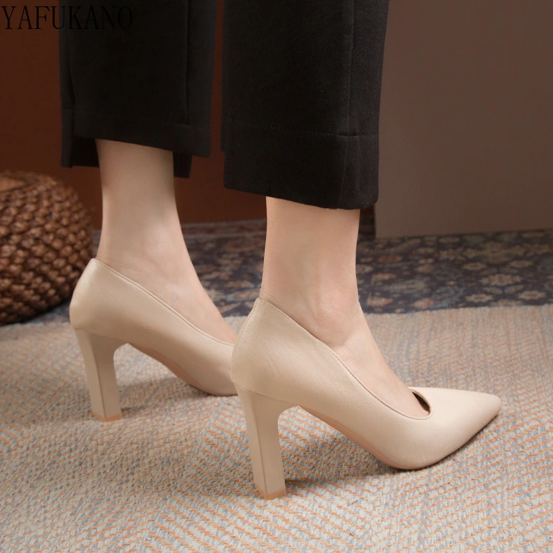 Fashion Small Thick Heel High Heels Matte Pointed Toe Shallow Mouth Casual Single Shoes Nude Party Dress Pumps Office Work Shoes