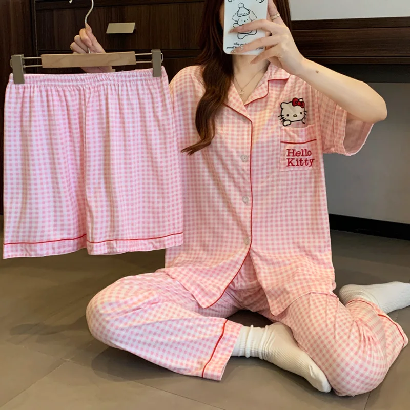 HelloKitty Conjunto de pijama para mujer de manga corta 3 piezas Primavera Verano Ropa para el hogar Suelta Cómoda