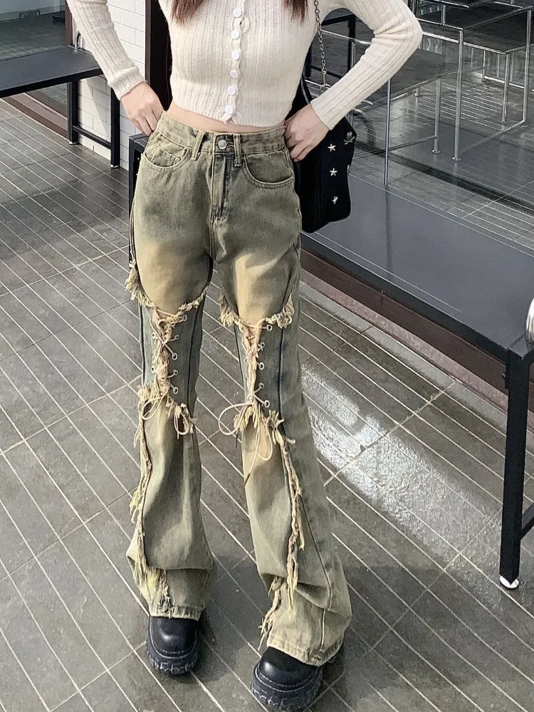 Oversize American Retro Straight Casual Pants Y2k Grunge High Waist Loose Wide Leg  2024 New Bell Bottom Jeans Women