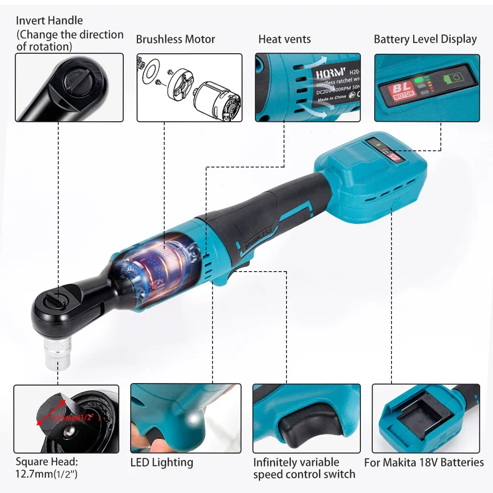 50N.m Brushless Electric Wrench 1/2 Right Angle Ratchet Wrench Drill Removal Screw Nut Car Repair Power Tool For Makita Battery