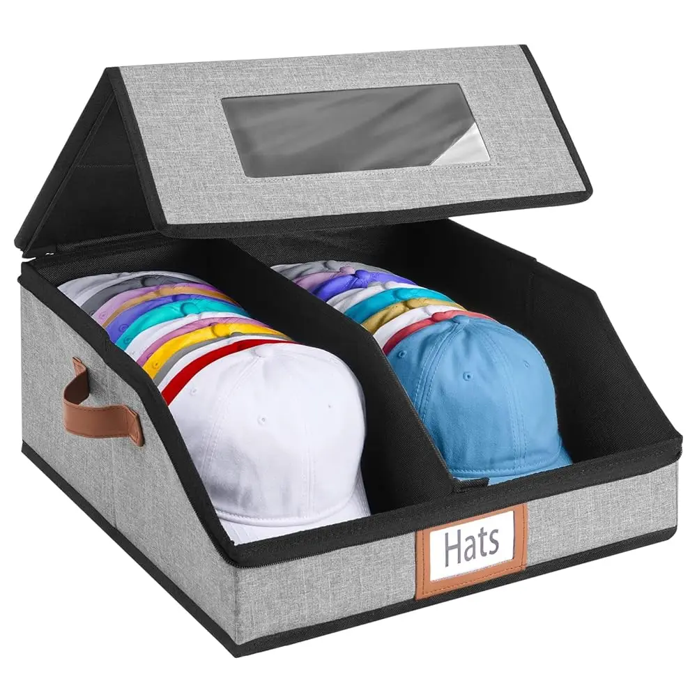 

Коробка для хранения бейсболок, большой органайзер для головных уборов с прозрачным окном, дорожный футляр для головных уборов со съемными разделителями на 30 штук.