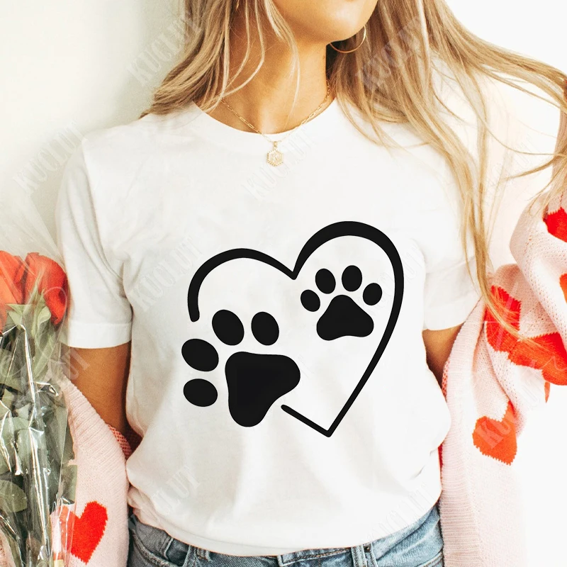 Funny Heart & Dog Paw Print Women T-shirts Fashion Summer Ladies Tshirts Short Sleeves Clothes Love Heart Fashion Casual Shirts