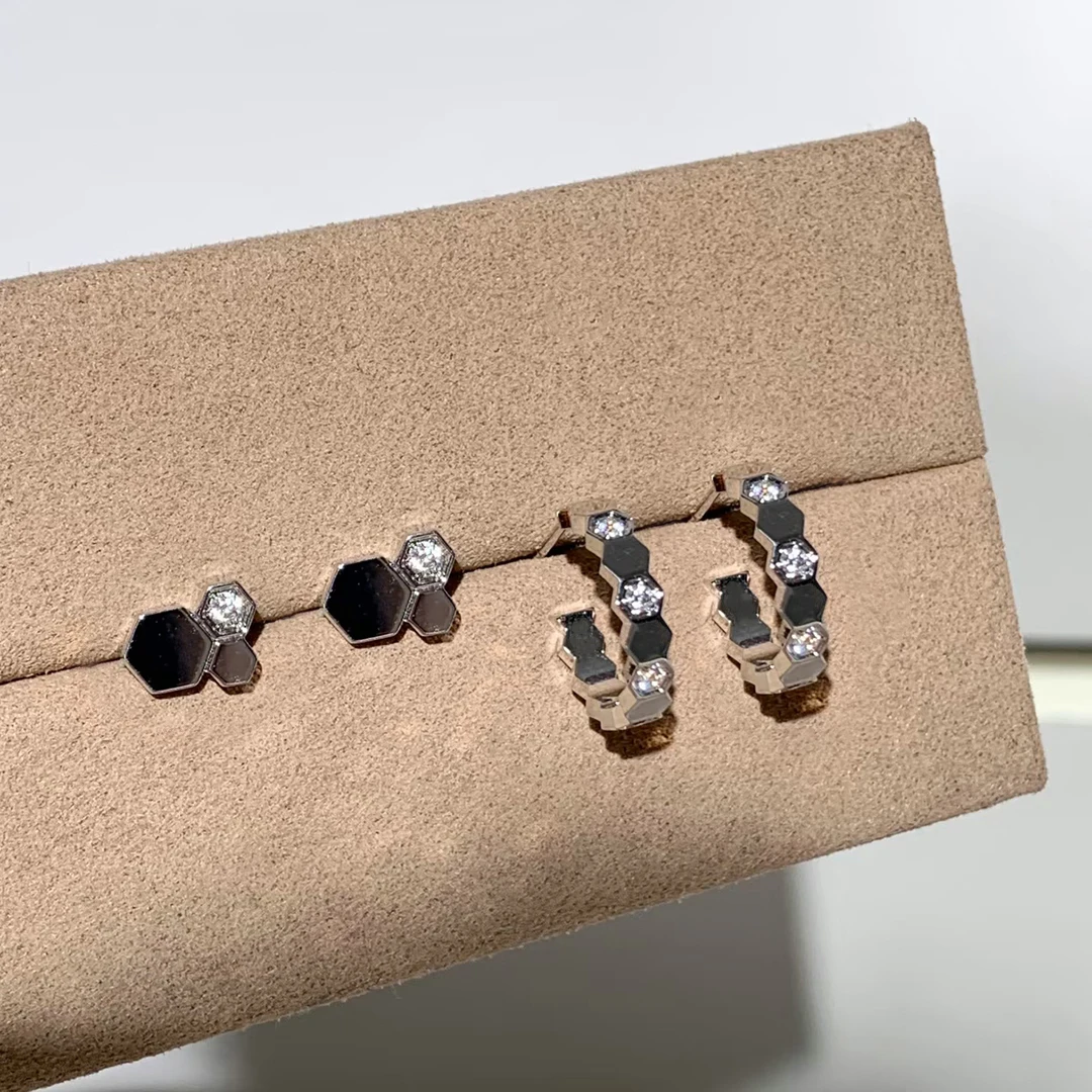 S925 Sterling Silver Honeycomb Diamond-Inlaid Women's Ear Stud CNC Plated 18K Gold Circle Earrings