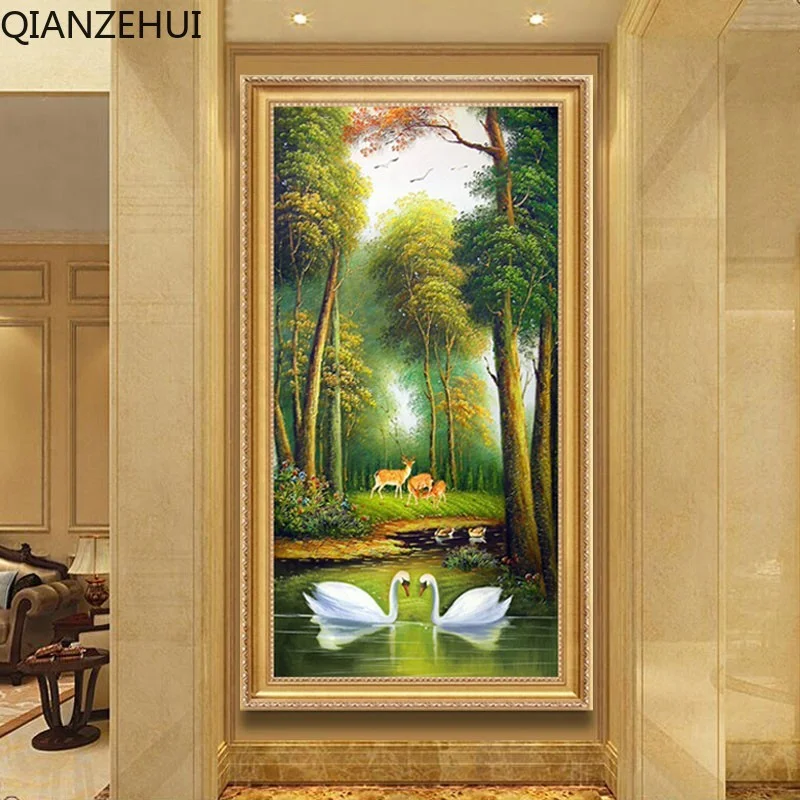 

DIY full Diamond Embroidery,Round Diamond Entrance hallway Swan Lake Elk Forest Brick decoration rhinestone Diamond painting