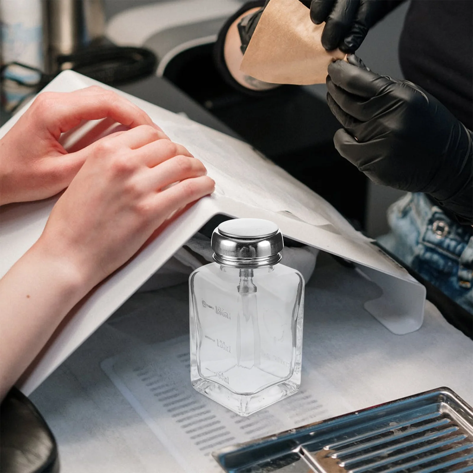 Botella de vidrio transparente con bomba, botella de vidrio vacía para quitaesmalte de uñas, botellas de vidrio con bomba