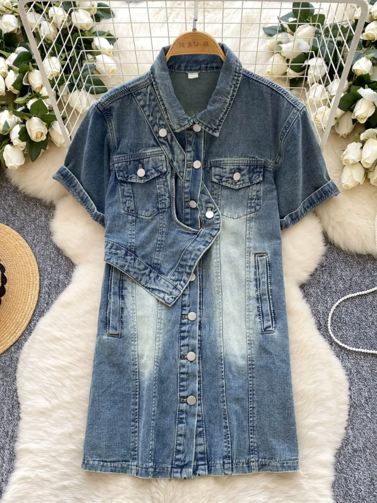 

Vintage Polo Collar Denim Dress Women 2025 Summer Design Sense Asymmetric Loose Thin Short Sleeve Skirt