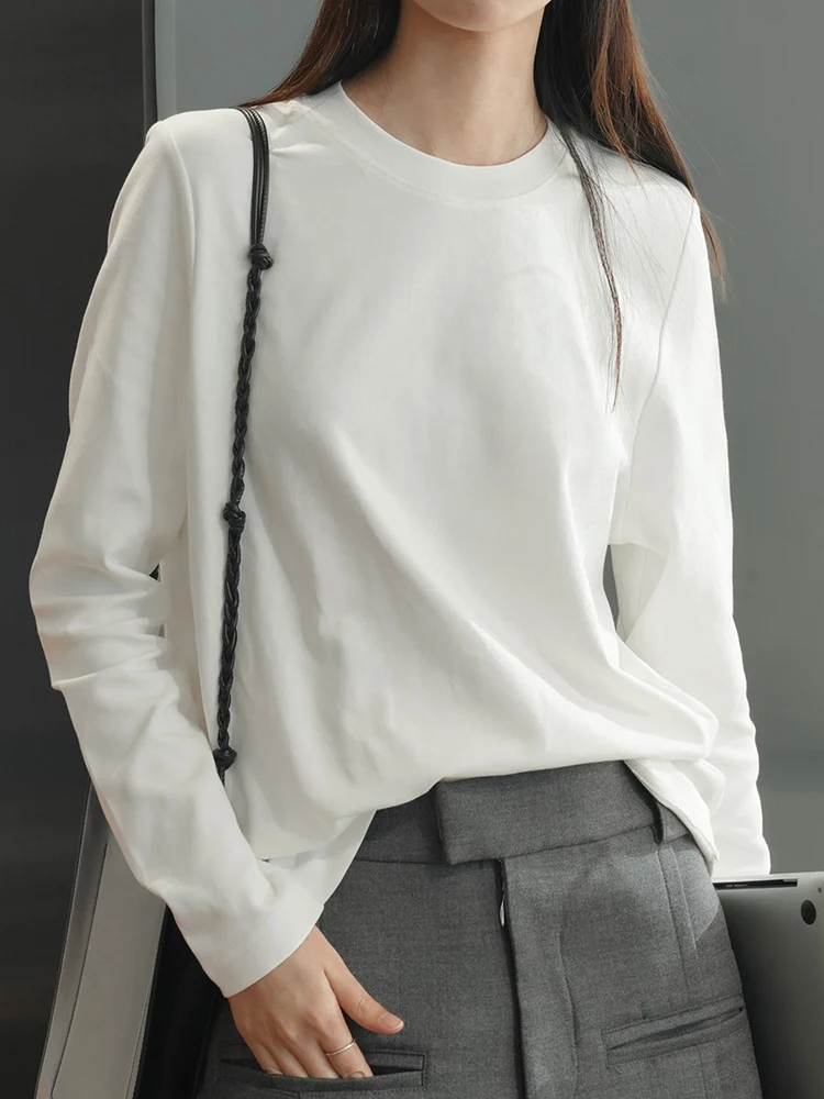 [EAM] Women Blue White Brief Big Size Casual Plain T-shirt New Round Neck Long Sleeve Fashion Tide Spring Autumn 2024 1DH7927